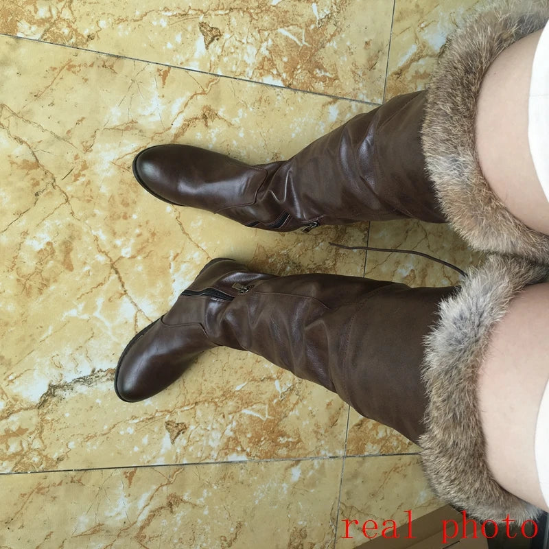 SIMLOVEYO Snow Boots fur Women Leather Boots Med Block Heels Over The Knee Boots Lady Shoes Bota Feminina Size 44 46