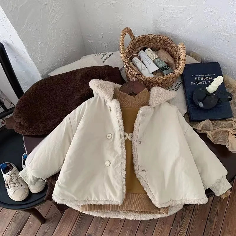 2025 Winter New Baby Warm Lamb Cashmere Hooded Coat Solid Versatile Boys Girls Padded Jacket Plus Velvet Thick Infant Clothes