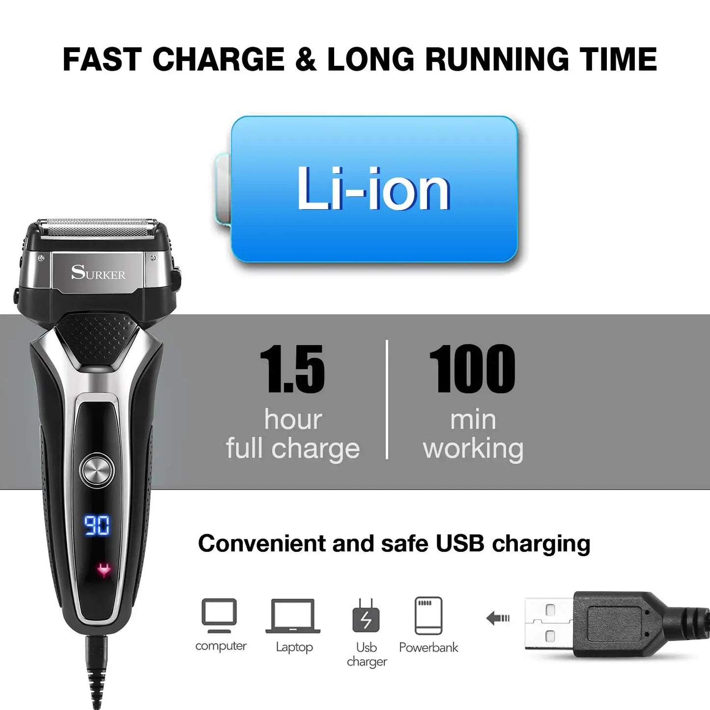 Wet Dry Rechargeable Electric Shaver For Men Facial Beard Electric Razor Stubble 3-Blade System Shaving Machine Washable