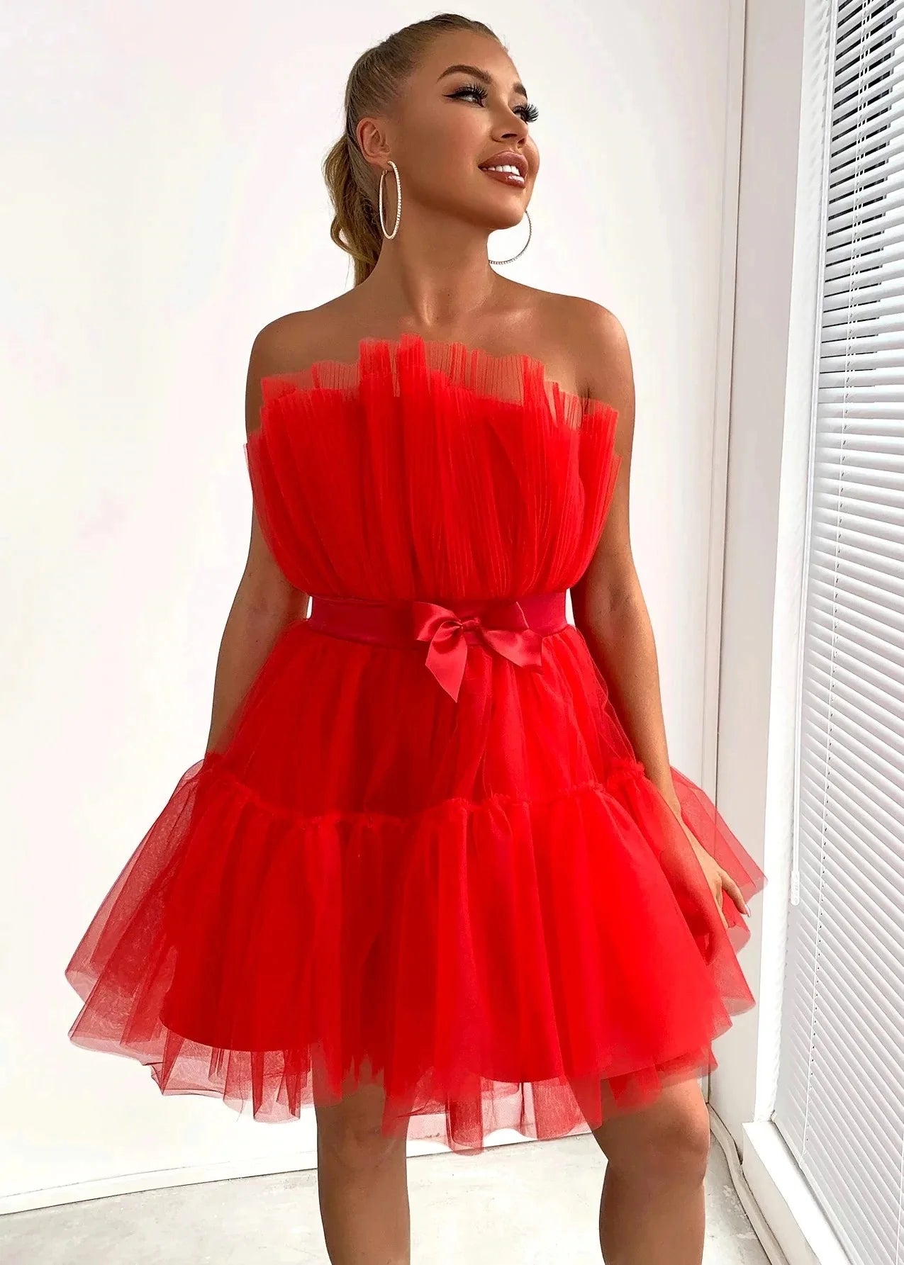 Summer Dress Women Off Shoulder Mesh Backless Tutu Tulle Lolita Pleated Dresses Women Strapless Date Ball Gown Dress Vestidos