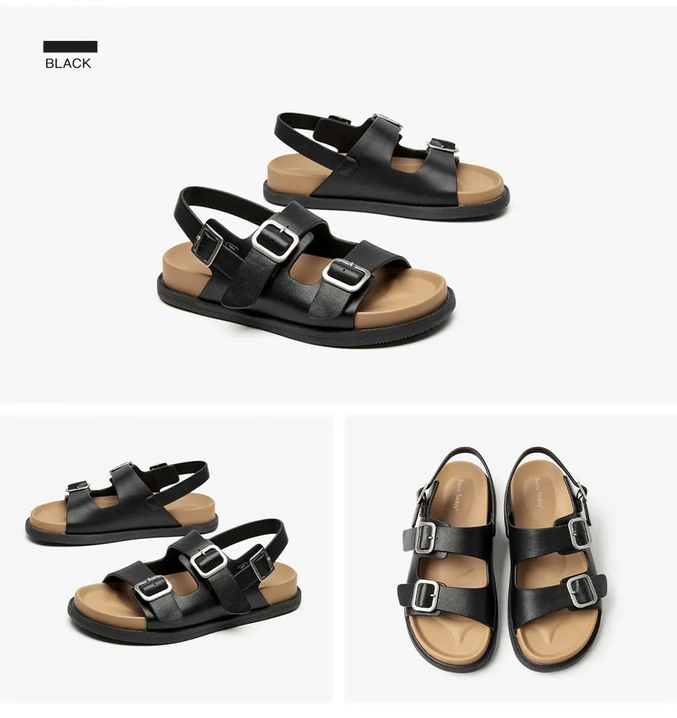 BeauToday Sandals Women Genuine Cow Leather Front and Real Strap Solid Color Flats Leisure Summer Ladies Shoes Handmade 34548
