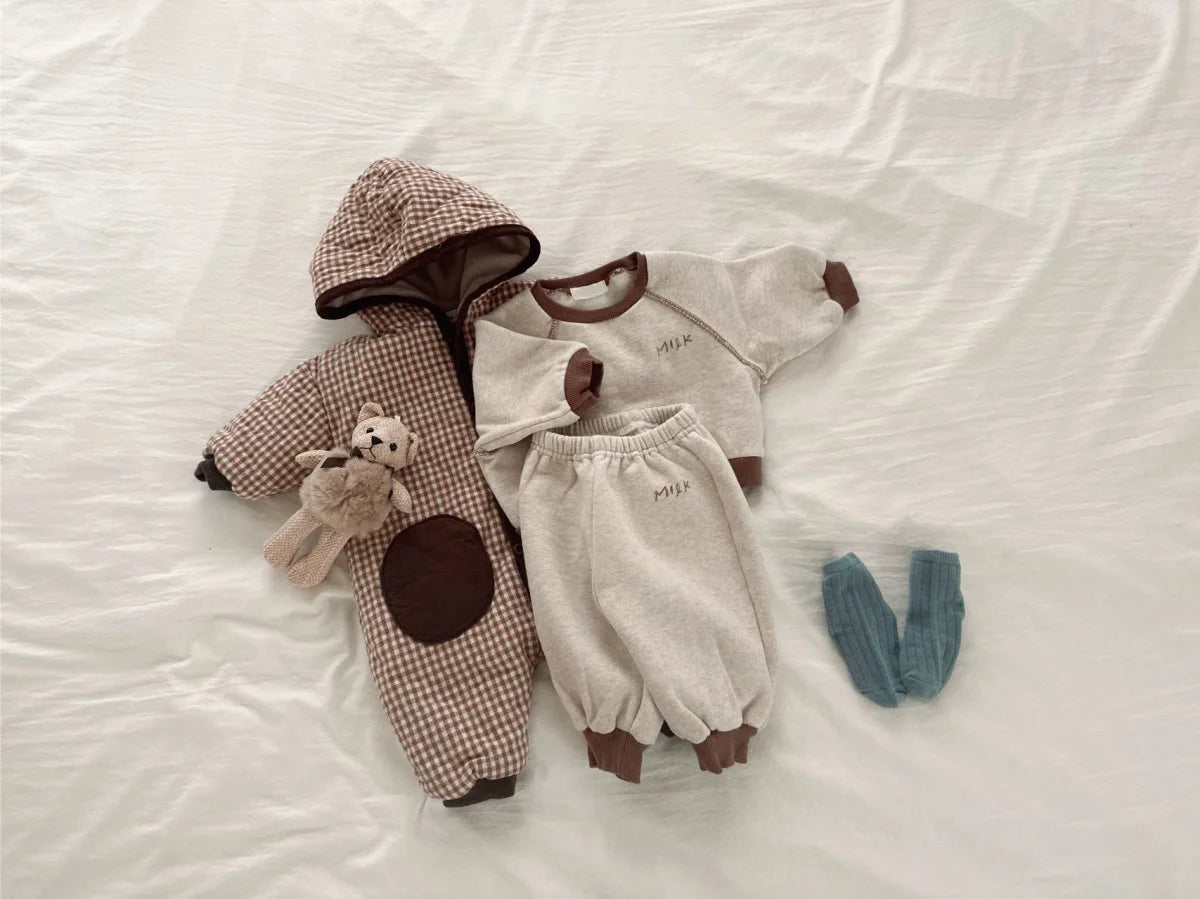 Winter New Baby Fleece Sweatshirt Set Infant Boy Girl Letter Casual Tops + Pants 2pcs Suit Kids Plus Velvet Thicken Warm Outfits