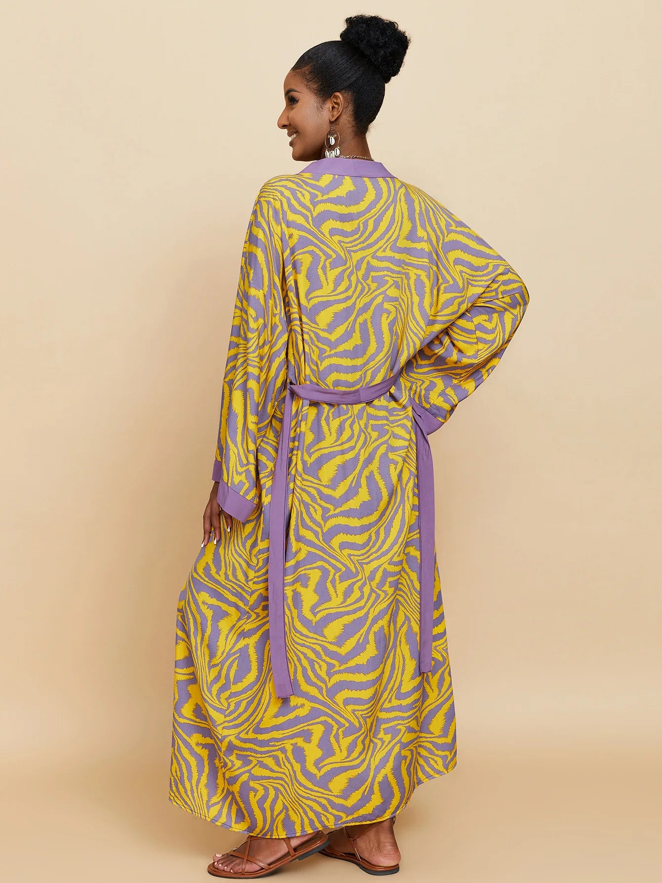 Zebra Beach Cover Ups for Women Long Sleeve Kimono Dress Self Belted Rayon Elegant Pareo 2023 Bathing Suits Holiday Beachwear