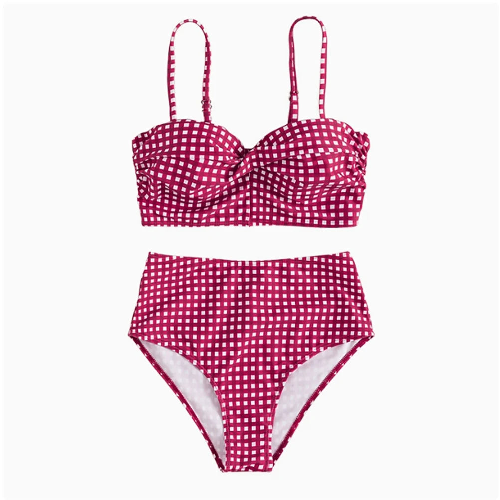 2025 New Sexy Two-piece Bikini Set Women Plaid Swimsuit Sling Backless Swimwear Tight Gathered Beachwear Brazilian Bathing Suit
