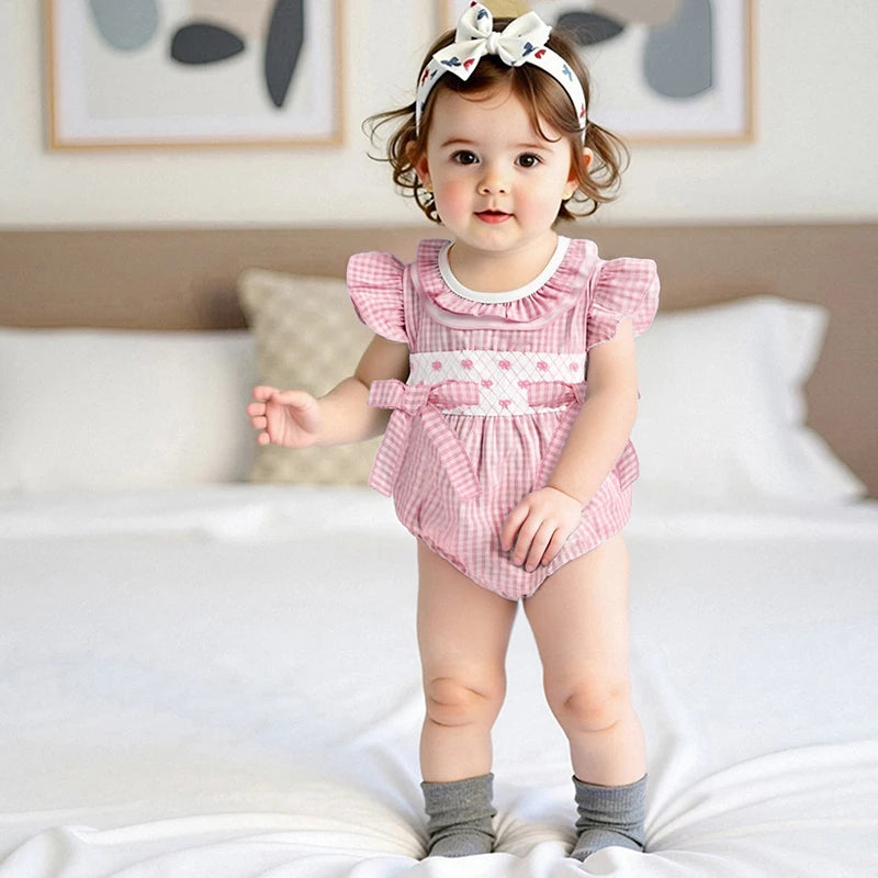 Infant Baby Girl Summer Romper Outfit Ruffle Short Sleeve Bodysuit Bow Embroidery Plaid Jumpsuit 0-18M
