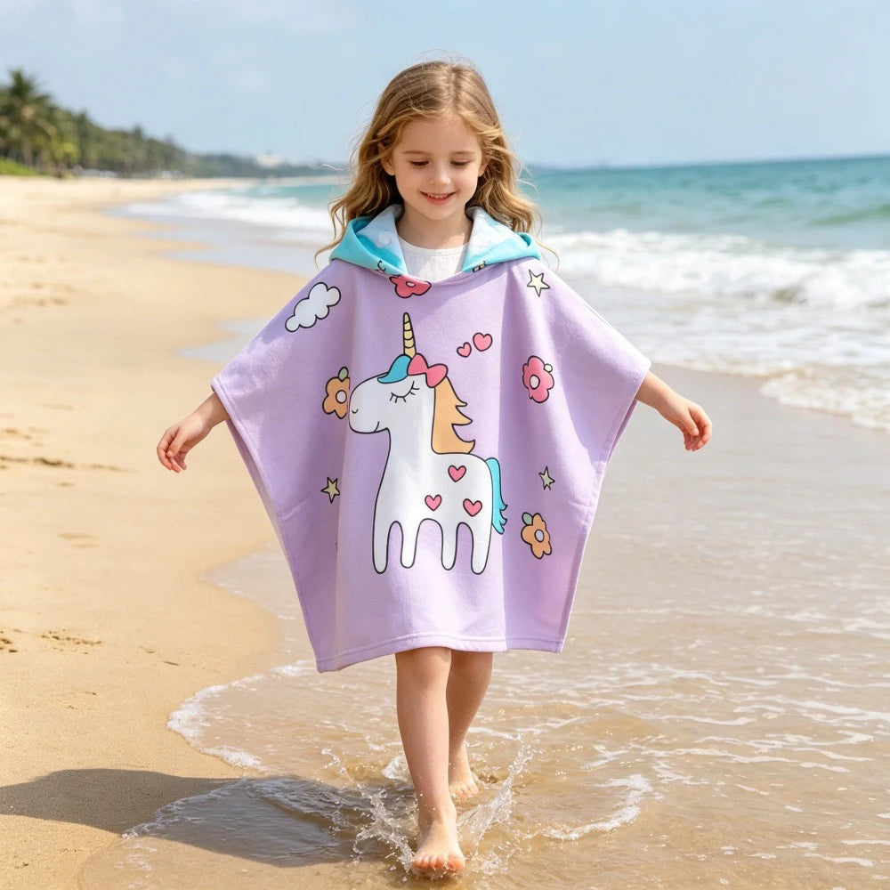 60-120cm Kids Hooded Bath Beach Poncho Towels Baby Quick Dry Bathrobe Child Cartoon Cloak Poncho Towels Microfiber Swim Cover-up