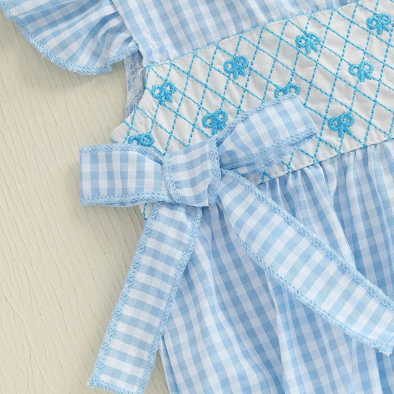Infant Baby Girl Summer Romper Outfit Ruffle Short Sleeve Bodysuit Bow Embroidery Plaid Jumpsuit 0-18M