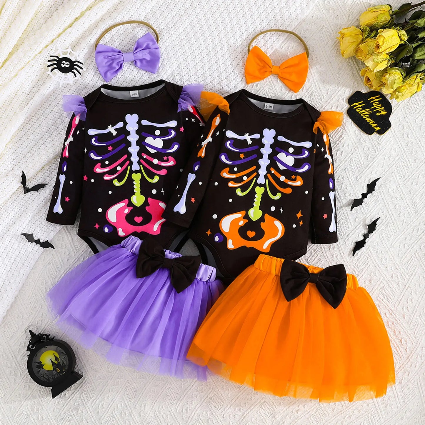 Infant Girls Halloween Theme Party Carnival Pumpkin Ghost Skeleton Cosplay Costume Skull Pumpkin Face Apparition Print Romper
