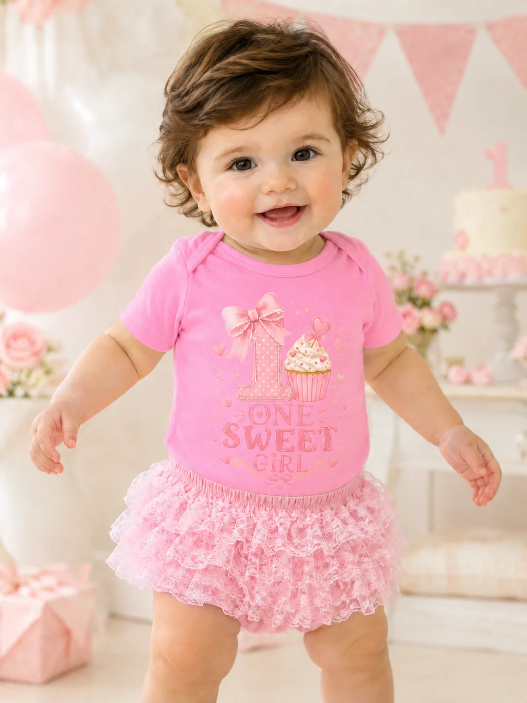 Baby Girl 1st Birthday Outfit One Sweet Girl Cupcake Print Short Sleeve Bodysuit Pink Lace Tutu Skirt 2Pcs Cake Smash Photo Shoo