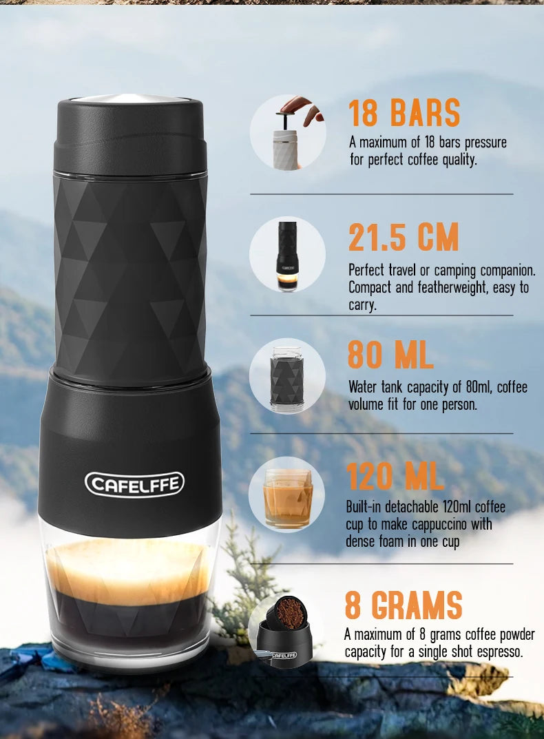 Cafelffe 3in1 Portable Coffee Machine Manual Espresso Maker For Capsule & Ground Milk Froth Hand Press Brewer hiking Travel Gif