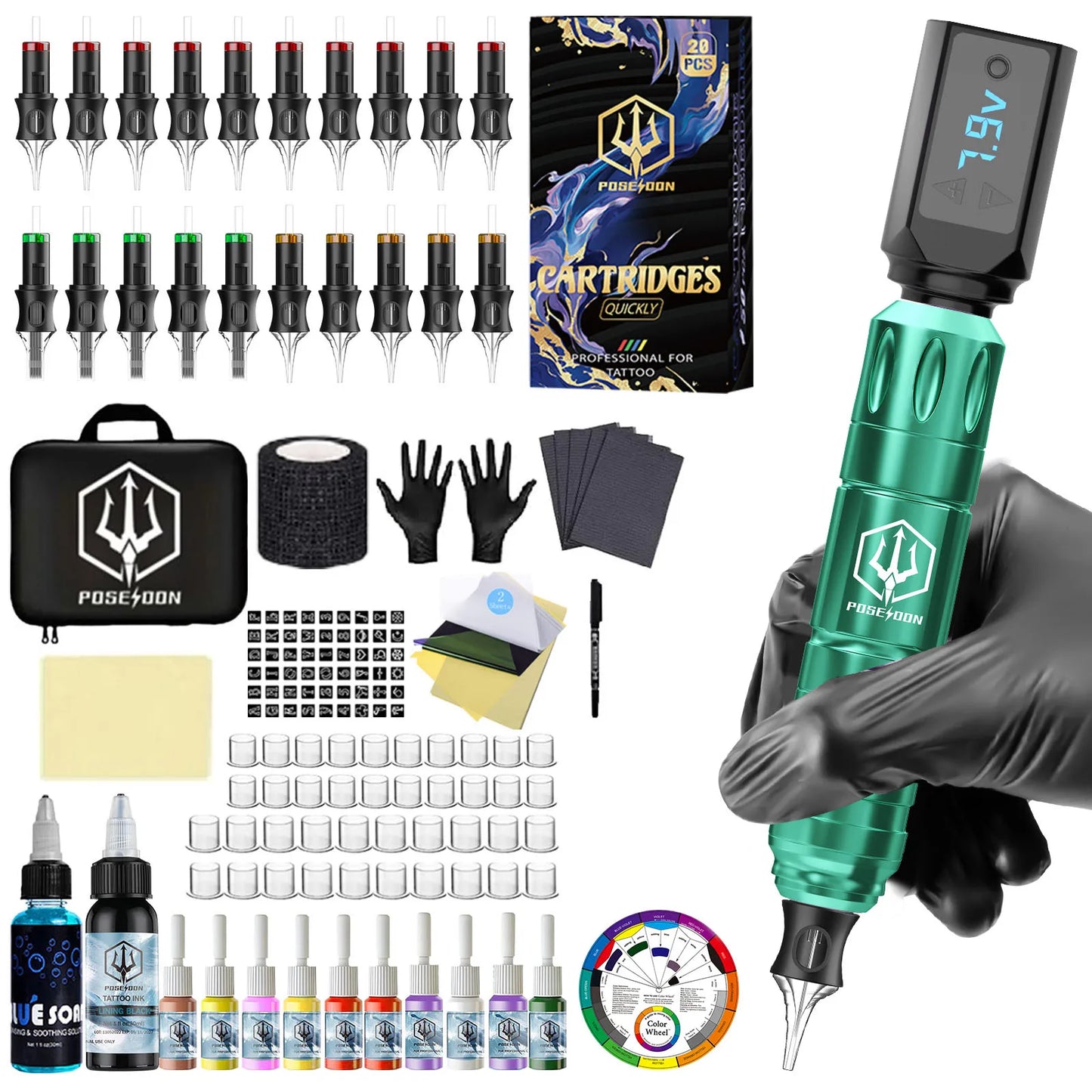 Tattoo Kit POSEIDON V5 Green Tattoo Pen Kit For Permanent Makeup Tattoo Machine Kit Wireless Tattoo Power Supply Tattoo Gun Kit