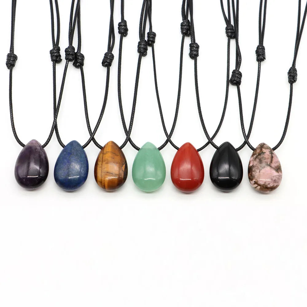 Natural Stone Water Drop Shape Necklace Pendant Rose Quartz Amethyst Lapis Lazuli Healing Crystal Gemstone Charm Jewelry Gifts