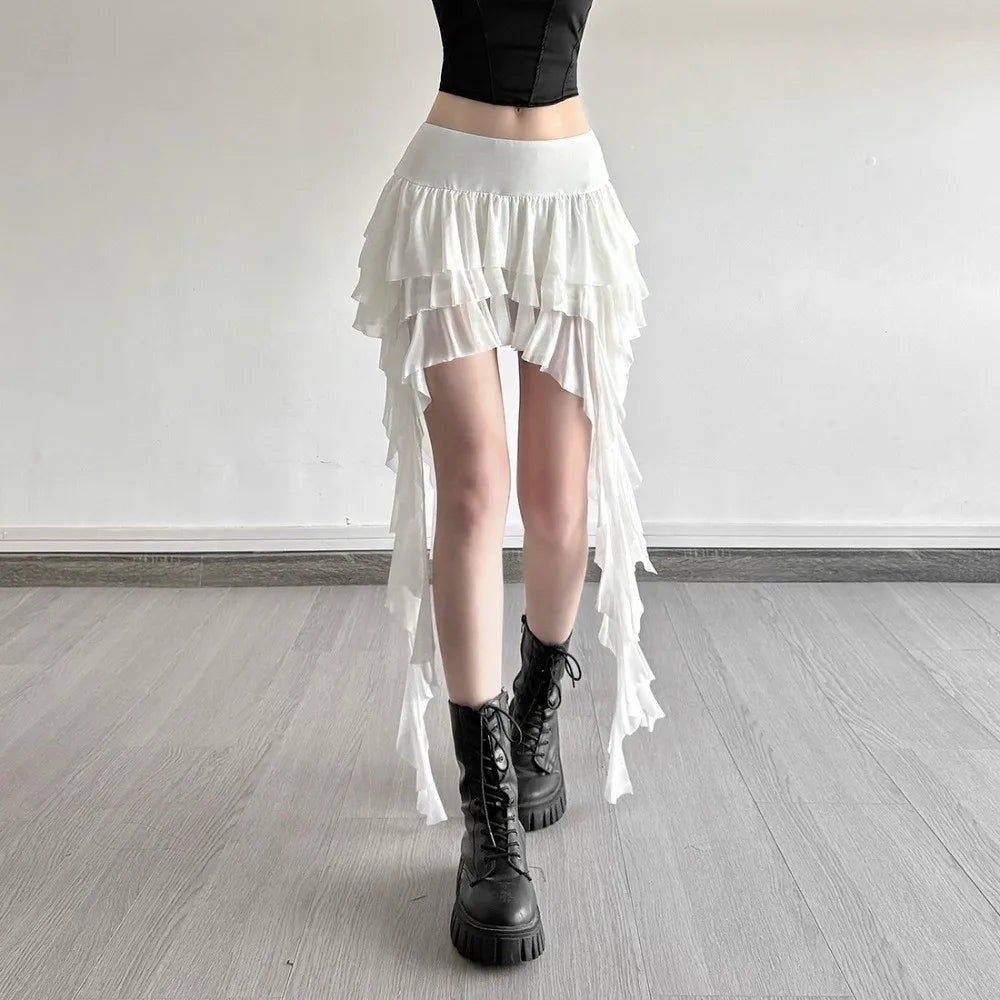 Casual High Waist Women's Tiered Skorts Layered Asymmetrical Hem Mini Skirt Ruffled Flowy Goth Skirt Summer Wear