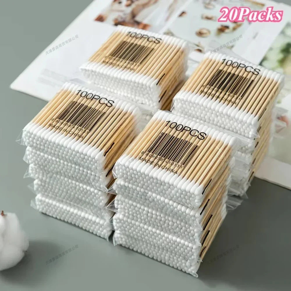 100Pcs/Pack Baby Cotton Swabs Wooden Stick Soft Tip Buds for Ear Nose Cleaning 1-20 Packs Infants Kids Hygiene Care Beauty Tools