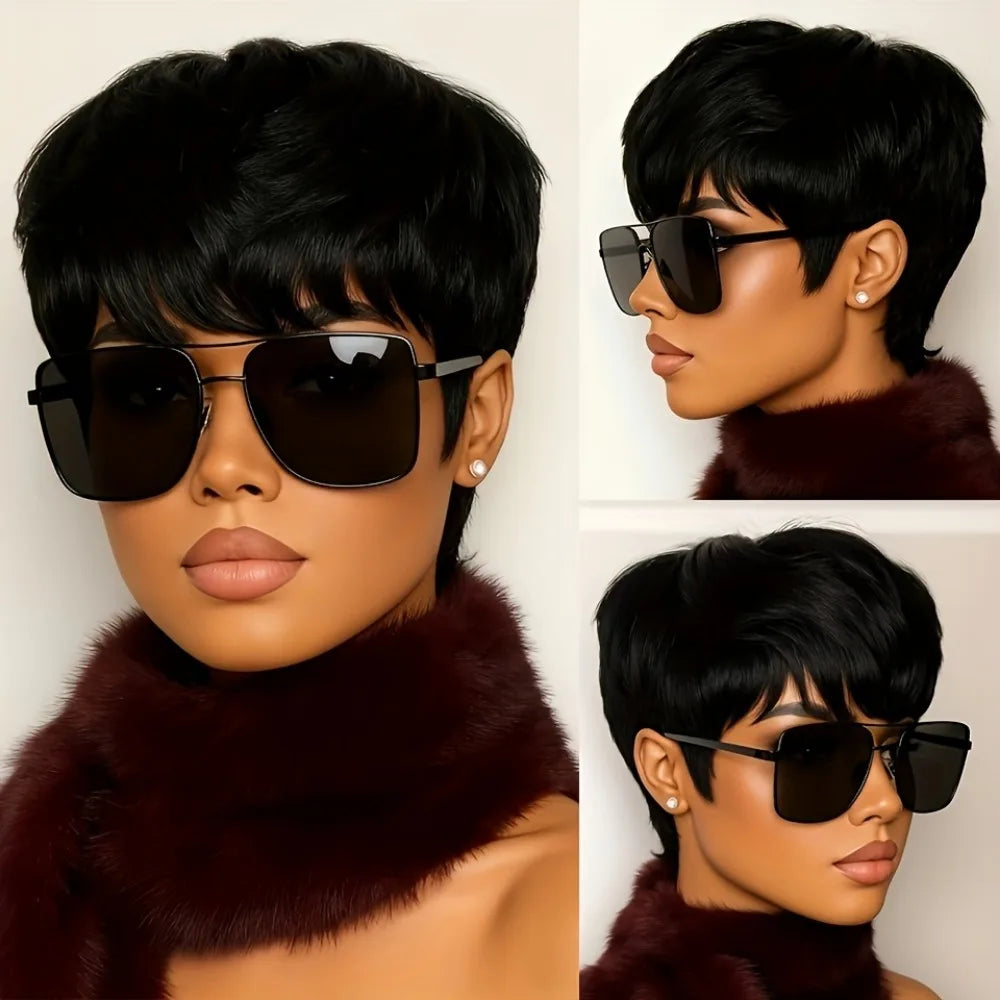 Women's Short Pixie Cut Human Hair Wig -full Machine Made 180% Density Human Hair Straight Natural Wig with Bangs