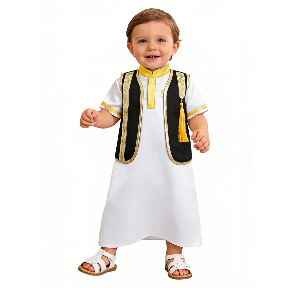 Muslim Baby Boys Robe Ramadan Eid Abaya Set Metallic Trim Arabic Islamic Kaftan Thobe Satin Gown with Open Front Tassel Vest