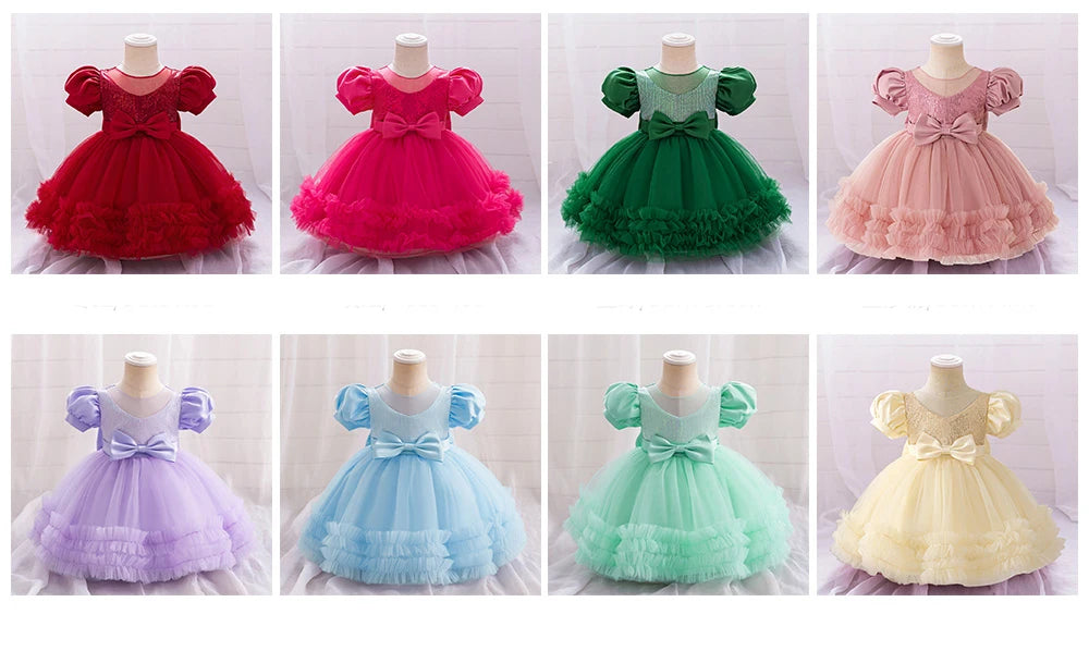 Toddler Sequin Baby Girl Party Dresses Bow Princess Dresses for Girl 1st Birthday Baptism Baby Dress Tutu Lace Wedding Prom Gown