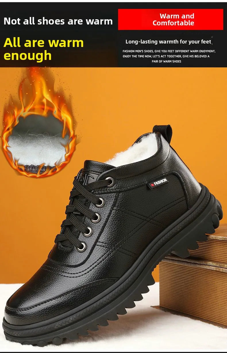 Men's Winter Thickened Warmth Casual Shoes Fleece Lined Business Style Leather Shoes Low Top Lace up Comfortable Alligator Pa...