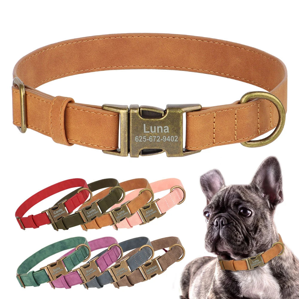 Personalized Dog Collar Customized PU Leather Dogs Collars Pet Name ID Buckle Necklace for Small Medium Large Dogs Pitbull Pug