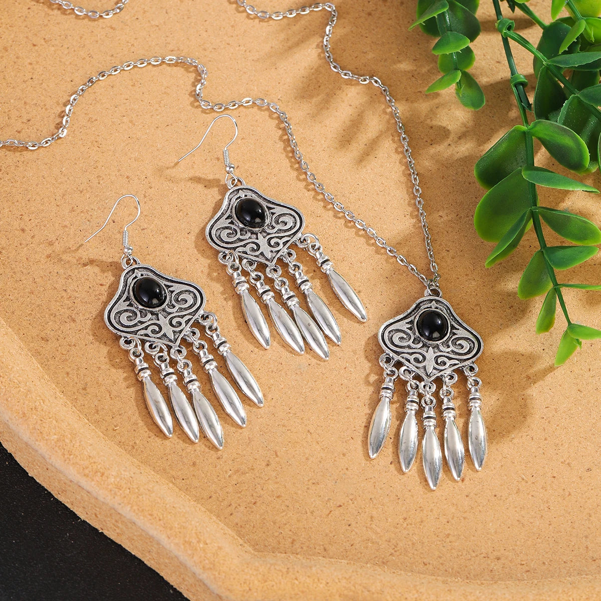 2023 Indian Jewelry Set Ethnic Silver Plated Geometric Carved Tassel Earring Necklace Women's Blue Turquoises Chain Jewelry