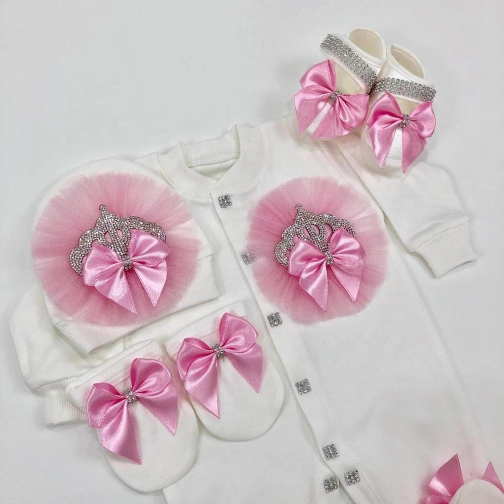 Dollbling Butterfly Jewelry Crown Gift Clothing Sets Welcome Home Lace Baby Rompers Mittens Bonnet Pajamas Outfit 4pcs Layette