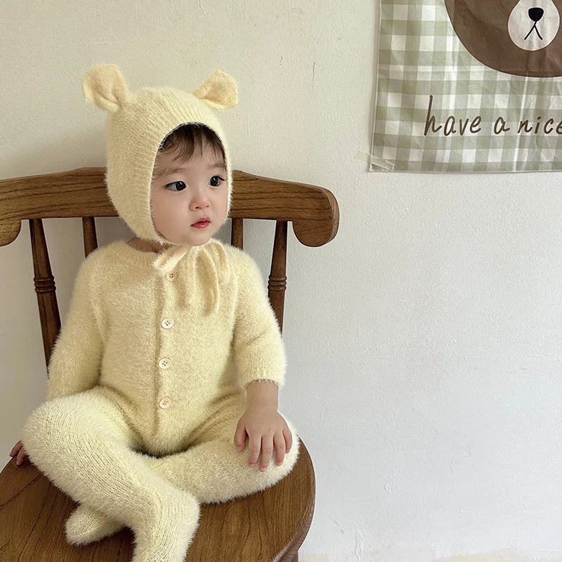 Newborn Baby Mink Fur Romper with Hood Cute Bear Animal Ear Footed Onesie Winter Warm Jumpsuit for 0-2 Years