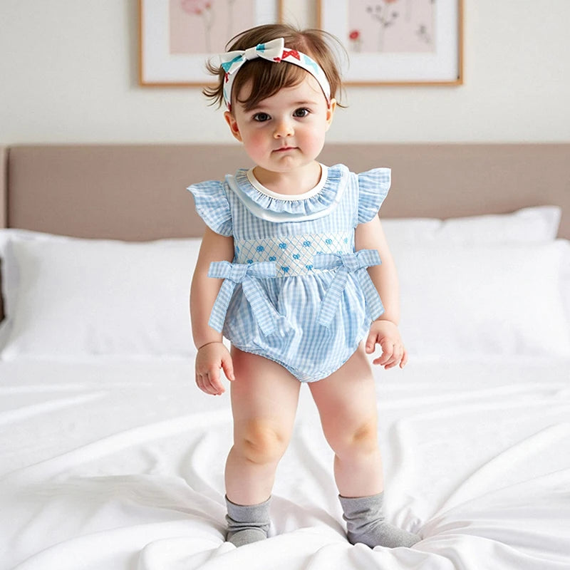 Infant Baby Girl Summer Romper Outfit Ruffle Short Sleeve Bodysuit Bow Embroidery Plaid Jumpsuit 0-18M