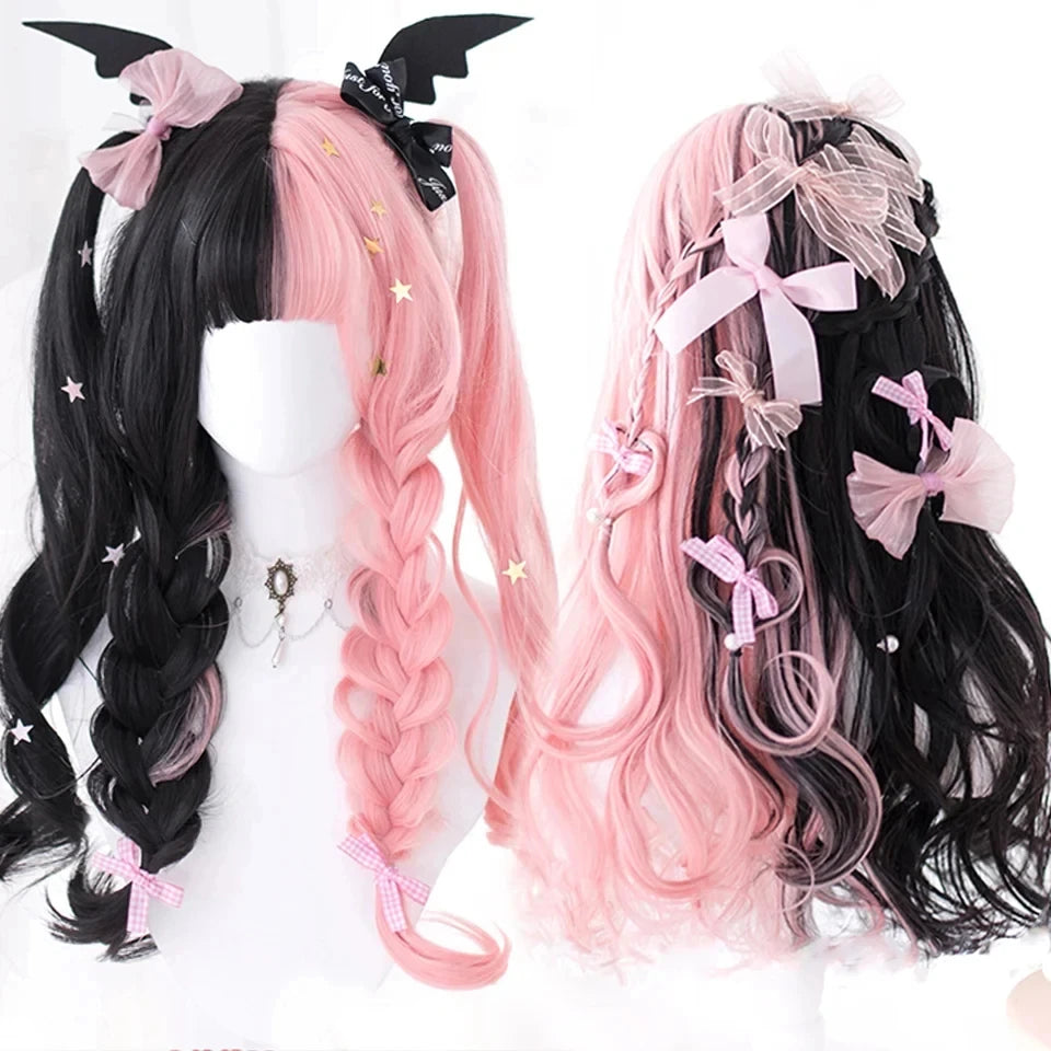 Synthetic Long Curly Wavy Lolita Wig with Bangs Wig Girl Cute Ombre Pink Blonde Black Cosplay Party Halloween Harajuku Wig