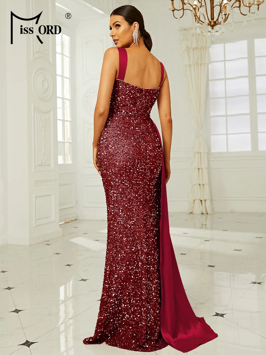 Missord Pink Sequin Bridesmaid Wedding Dress Elegant Women Suspender Draped Thigh Split Party Evening Dresses Long Prom Gown