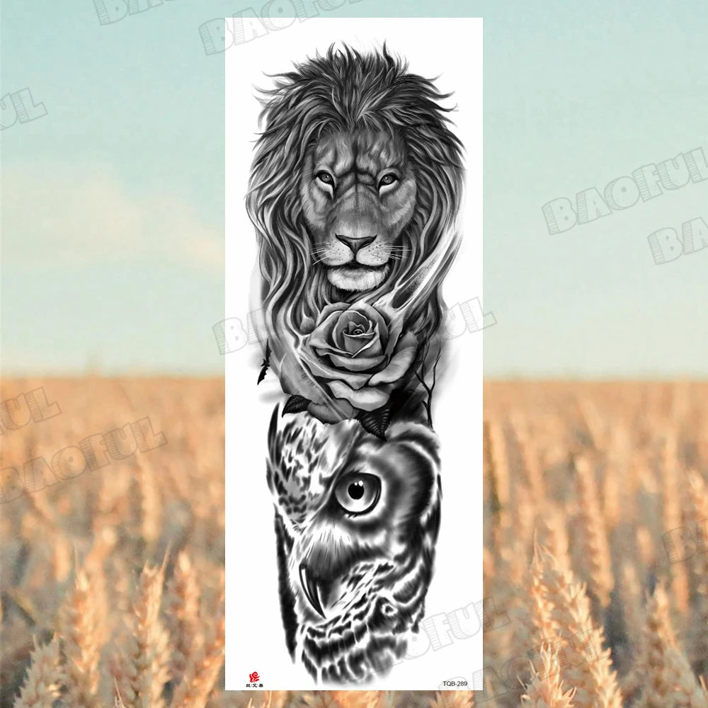 BAOFUL Full Arm Sleeve Temporary Tattoos For Women Men Realistic Wolf Lion Warrior Maori Fake Tattoo Stickers Thigh Leg Tatoos