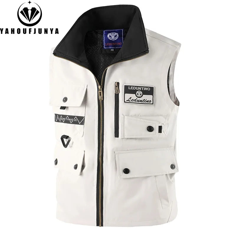 2026 New Summer Men Sleeveless Outdoor Cargo Leisure Lapel Vest Men Pocket Solid Color Fishing Camping Thin Vest Male Waistcoat