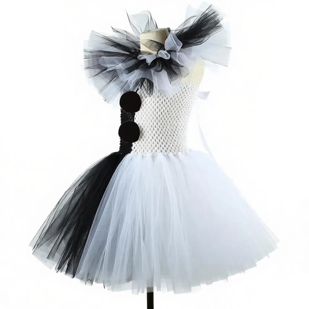Girls Halloween Clown Costume Dress Kids Black White Scary Clown Dress with Hat Socks Gloves Set Carnival Cosplay Party Outfit