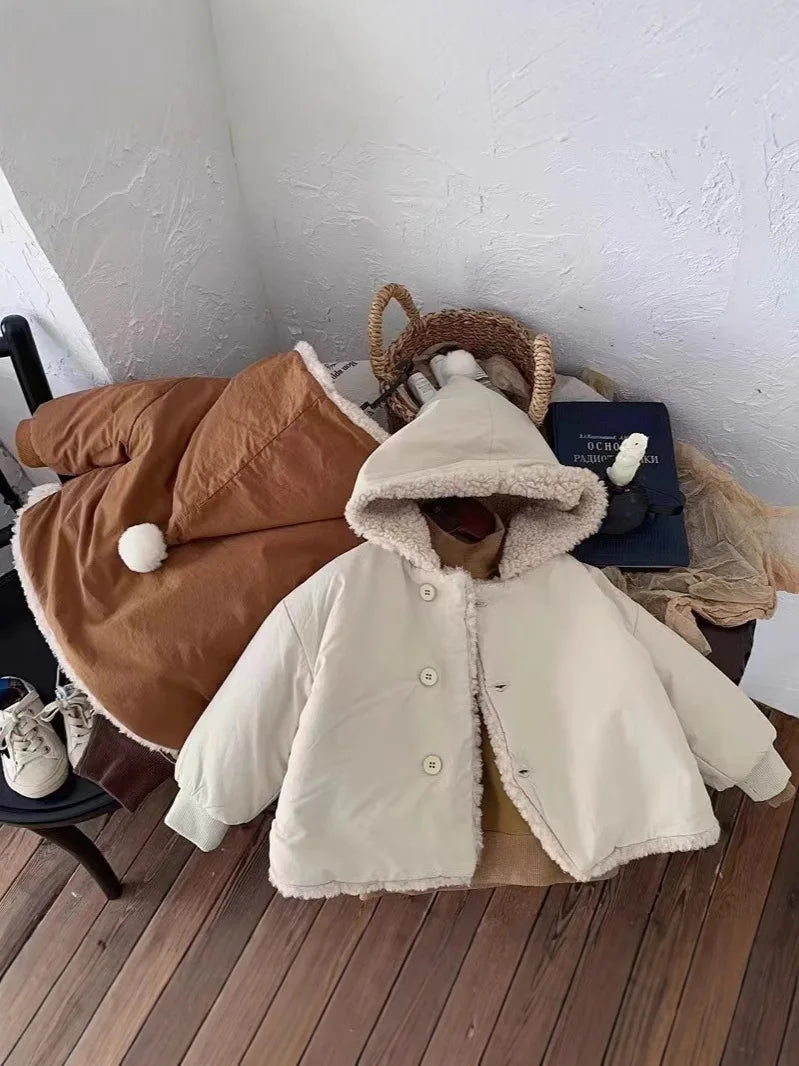 2025 Winter New Baby Warm Lamb Cashmere Hooded Coat Solid Versatile Boys Girls Padded Jacket Plus Velvet Thick Infant Clothes