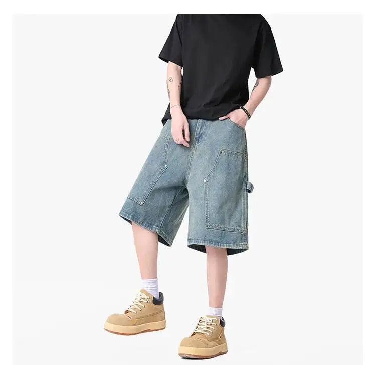 IEFB Workwear Men's Denim Shorts Multi Pocket Wide Leg Baggy Fit Casual Summer Streetwear Casual Cargo Jeans 9X2957