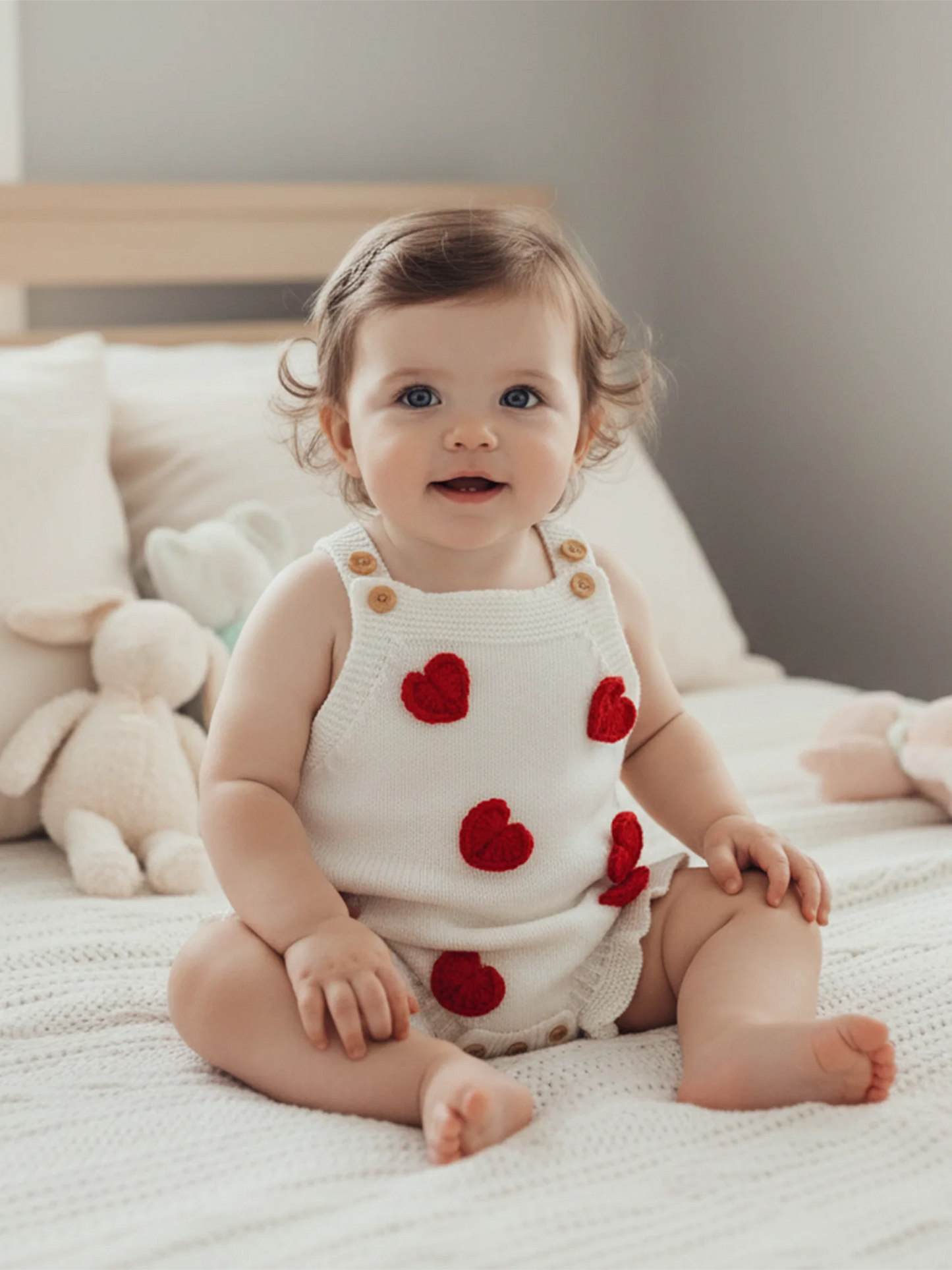 Baby Girl Valentine’s Day Romper Sleeveless Square Neck Heart Bodysuit Newborn Knit Overalls
