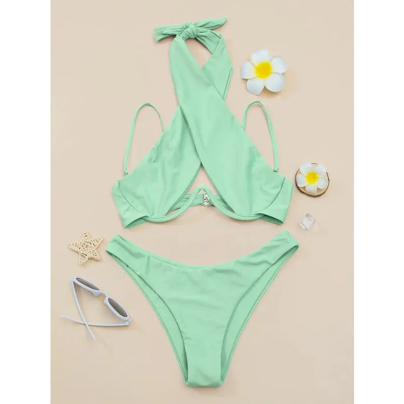 Sexy Bikini Women Cross Halter Underwire Swimsuit Split Push Up Bikini Set Female Bathers Swimming Summer Beachwear Bathing Suit