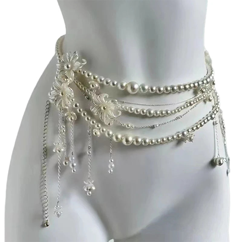 Sexy Geometric Pearl Waist Chain For Women Flower Tassel Double Layer Beads Chain Belt Streetwear Summer Fashion Body Jewelry