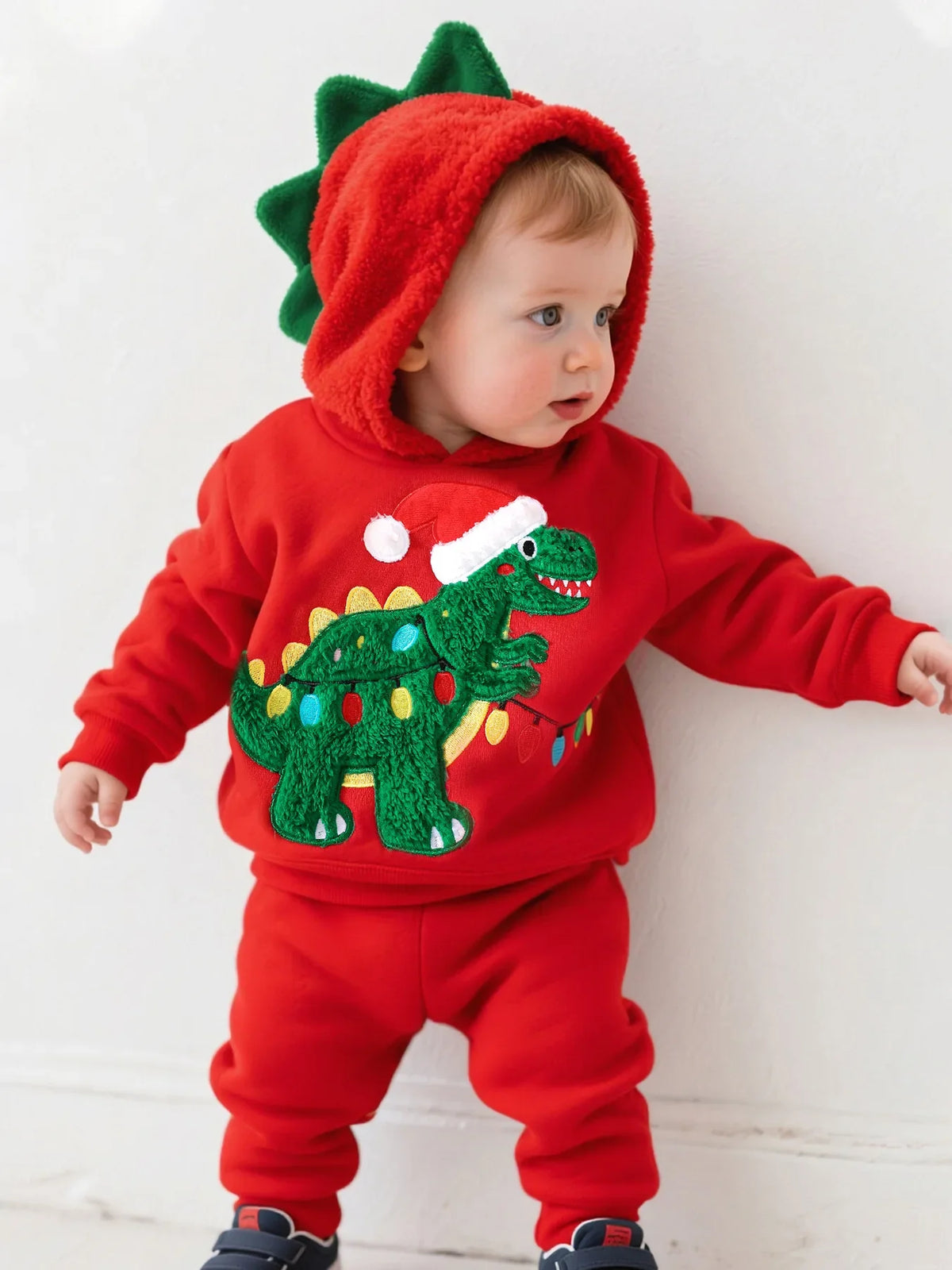 Newborn Baby Red Dinosaur Romper 2-Piece Set Hooded Bodysuit Jumpsuits One-pieces Christmas Toddler Outfits