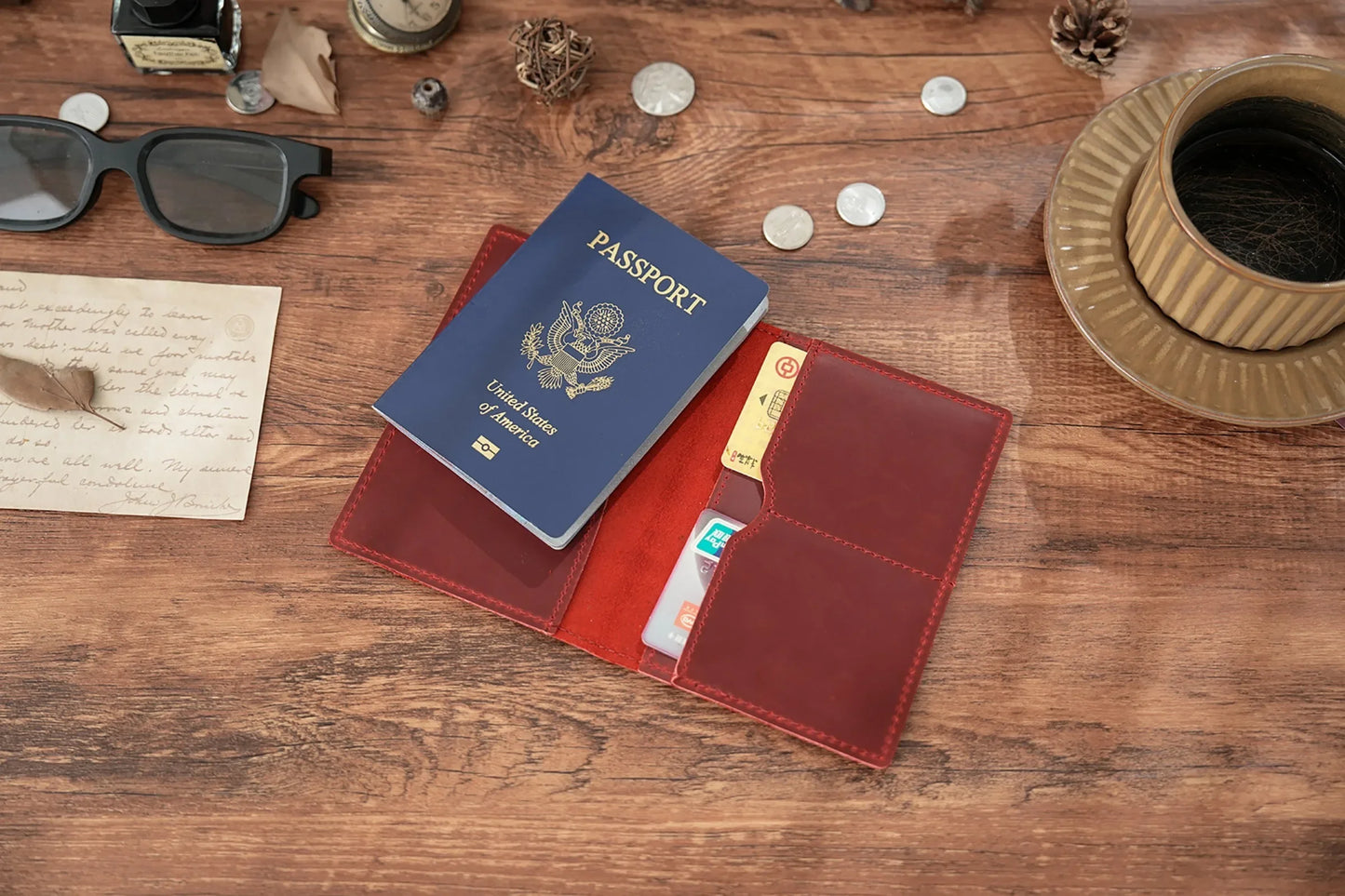 Leather Passport Holder for Travel Essentials, Slim Passport Cover Case Travel Wallet Bifold Credit Card Bag for Women Men