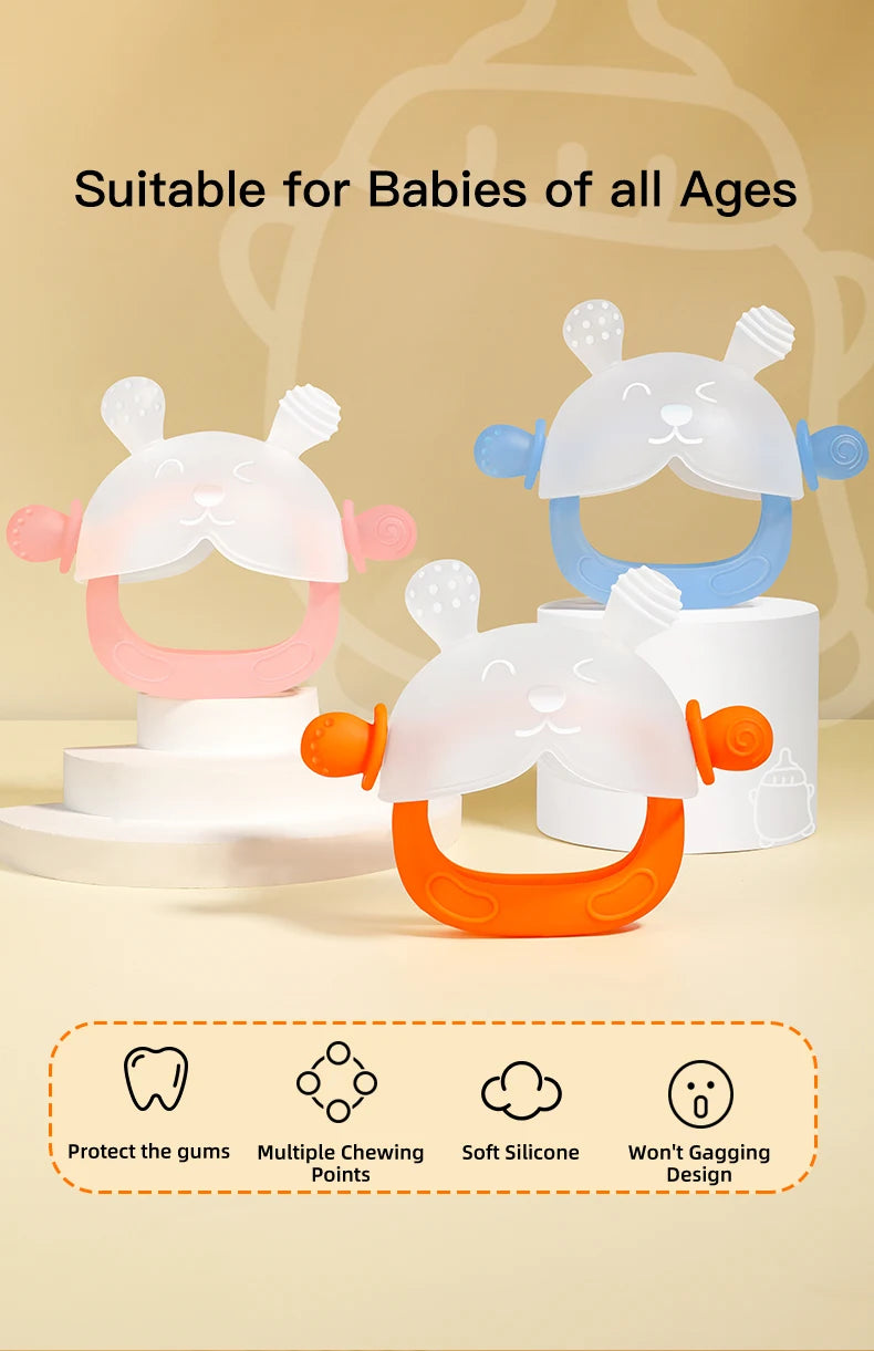 360° Hand Sucking Protection Teether - Cute Bunny Design with Full-Hand Grip, Hollow & Solid Biting Surfaces, Baby Toy