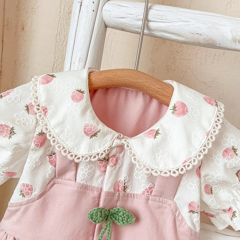 Summer Baby Girls Thin Rompers Lace Peter Pan Collar Puff Sleeve Cute Strawberry Print Jumpsuit Newborn Birthday Clothes E24256