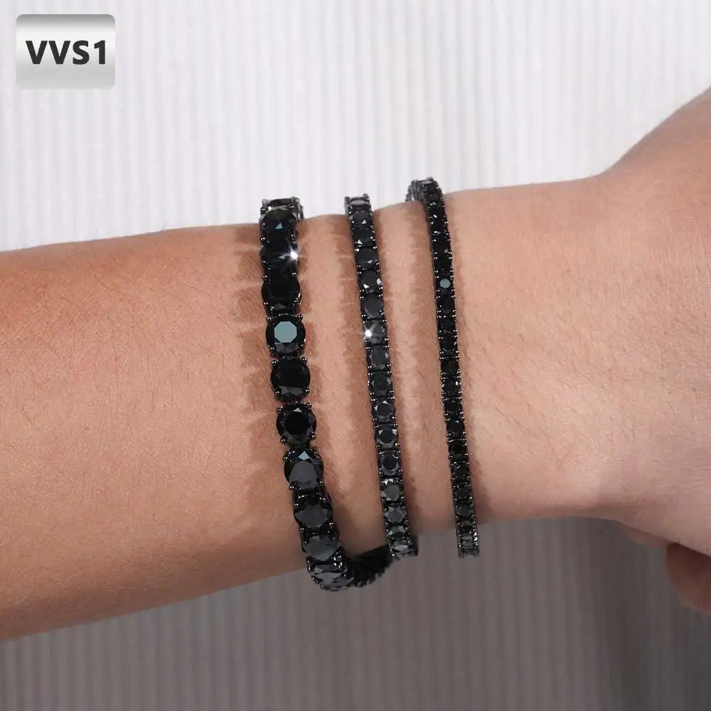 Nuoya 3mm 4mm 5mm Black Moissanite Tennis Chain Stainless Steel Iced Out Tennis Bracelet for Men Women Round Cut Hip Hop Gift