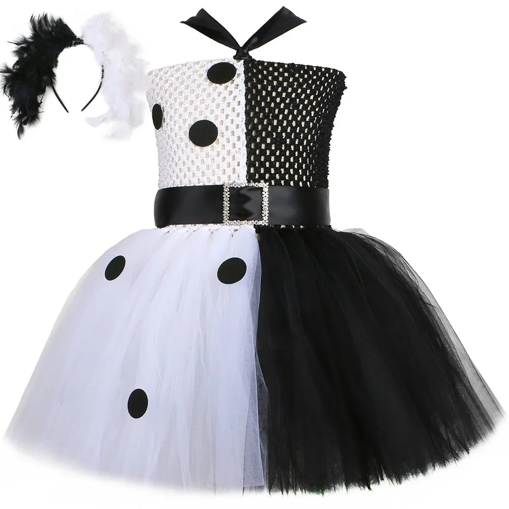 Halloween Crulla Cosplay Costume Cruella Tulle Dress Party Girls Black White Carnival Kids Cruella Wig Lace Mask Suit Clothes