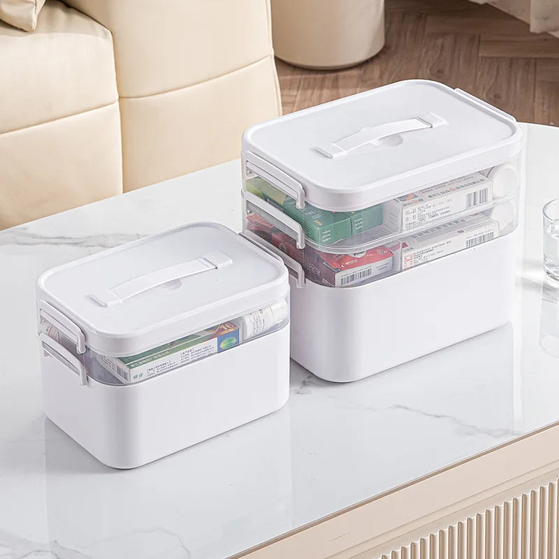 Multi-Layer Medicine Storage Box - Portable Home Emergency Organizer with Snap Closure, Durable Plastic Material, for Storing and Organizing Medicines and Miscellaneous Items