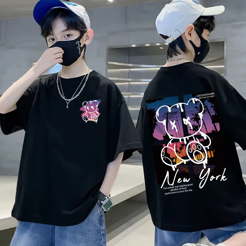 100% Cotton Boys T-shirt Summer Streetwear Cool Graffiti Print Girls Tees Short Sleeve Children Tops High Quality Kids Clothes