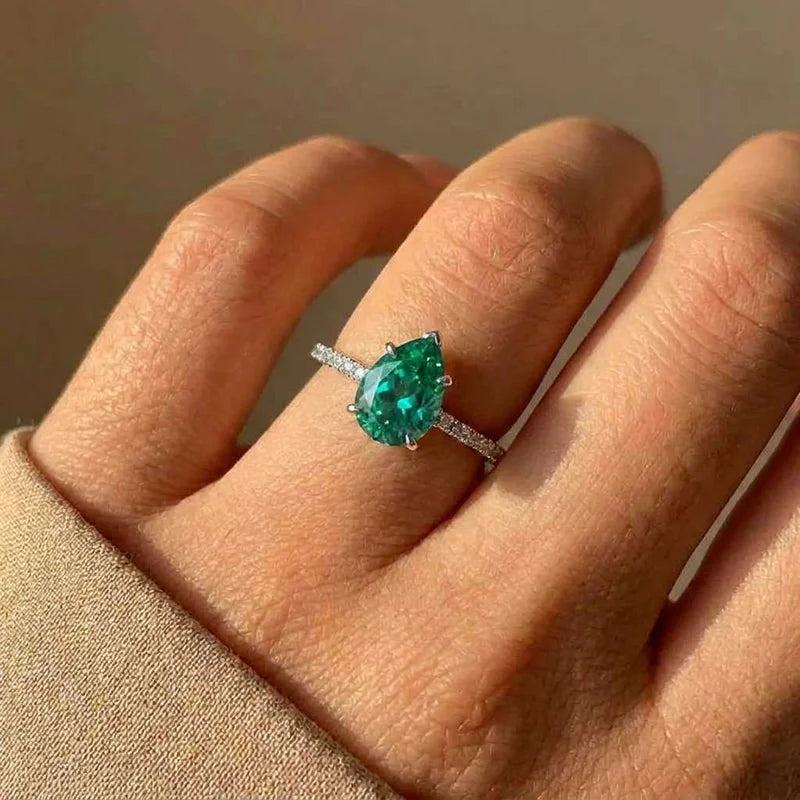 925 Sterling Silver Green Water Drop CZ Rings for Women Luxury Trendy Wedding Engagement Accessories Temperament Female Jewelry