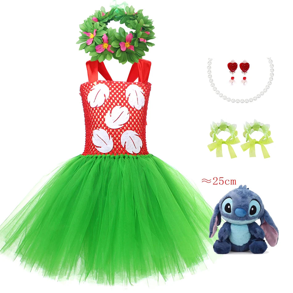 Halloween Costume for Girls Chirdren Summer Red and Green Floral Hawaiian Party Dress with Wreath Outfit for Halloween