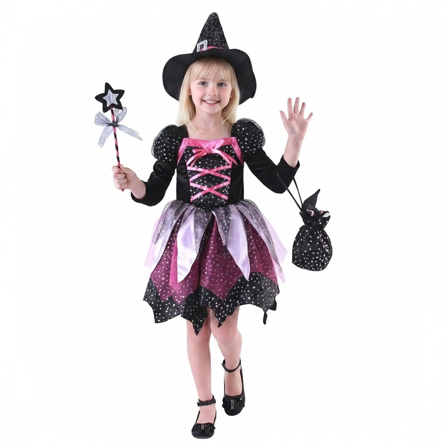 2026 Girls Halloween Cosplay Witch Dress With Hat Bag Costume Carnival Vestidos Kids Party Cosplay Dress Children Costume