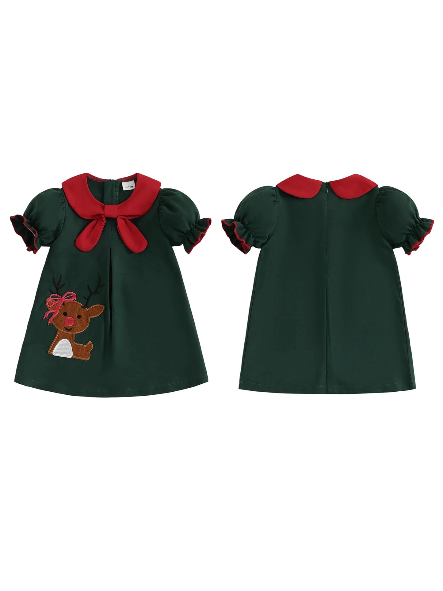 Tregren Toddler Girl Christmas A-Line Dress Reindeer Embroidered Doll Collar Short Sleeve A-line Dress New Year Festival Clothes