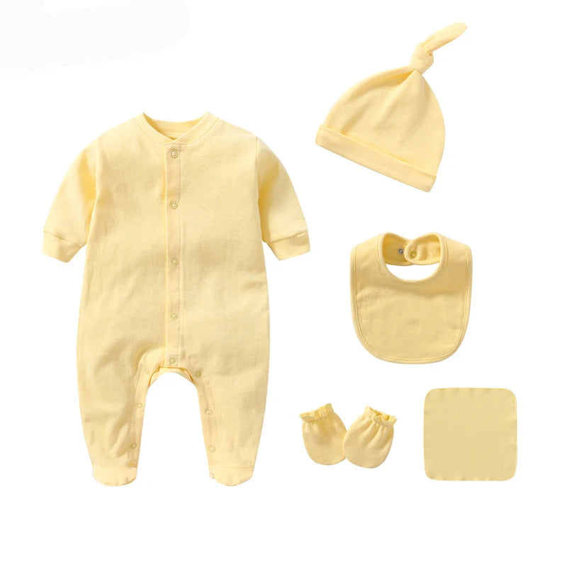 Unisex 5Pcs Newborn Baby Long Sleeve Cute Cotton Romper Jumper + Hats + Mittens+ Bib+Towel Infant Clothes Set